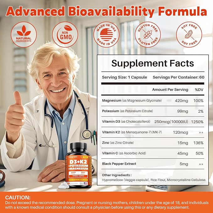 Vitamin D3 K2 10000 IU with Magnesium &amp Potassium – Supports Calcium Balance Muscle Function &amp Immune Health – Vegan High Absorption – 60 Capsules