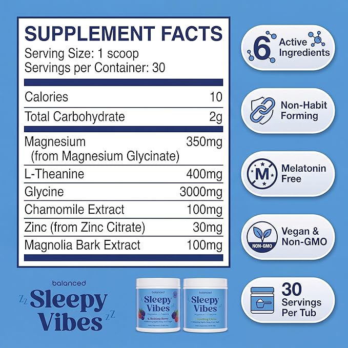 Sleepy Vibes Calm Magnesium Powder Sleep Drink Mix - Melatonin Free Natural Sleep Aid with L-Theanine Glycine &amp Chamomile - Non Habit Forming Calming Bedtime Supplement - Soothing Citrus 30 Serv