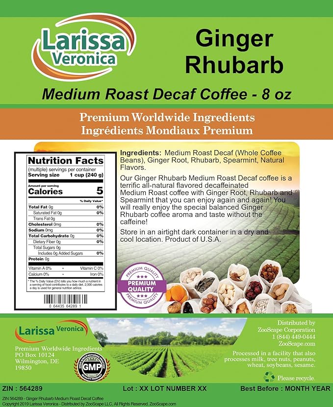 Ginger Rhubarb Medium Roast Decaf Coffee (Gourmet Naturally Flavored Whole Coffee Beans) (8 oz ZIN: 564289) - 3 Pack