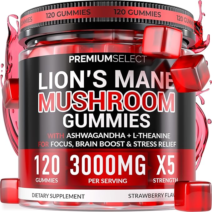 Lions Mane Gummies Sugar Free – 120 Gummies for Clarity &amp Brain Nutrition Support - Lion's Mane Mushroom 3000mg with Ashwagandha &amp L-Theanine – Brain &amp Mood Supplement – Focus Memory Cal