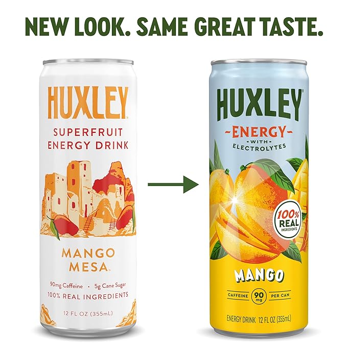 Huxley Superfruit Energy Drink Mango 90mg Natural Caffeine Electrolytes for Hydration 100% Real Ingredients 5g Organic Cane Sugar No Artificial Sweeteners or Flavors L-theanine for Sustained En