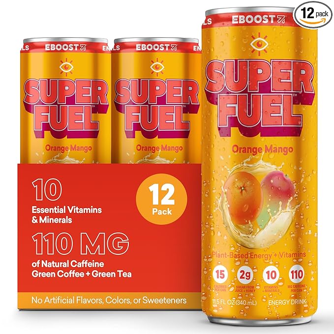EBOOST SUPER FUEL Healthy Energy Drink - Orange Mango: 12 Healthy Energy Drinks - Focus &amp Productivity - 110 mg Caffeine + Nootropics &amp Electrolytes - No Sucralose Taurine Artificial Flavor