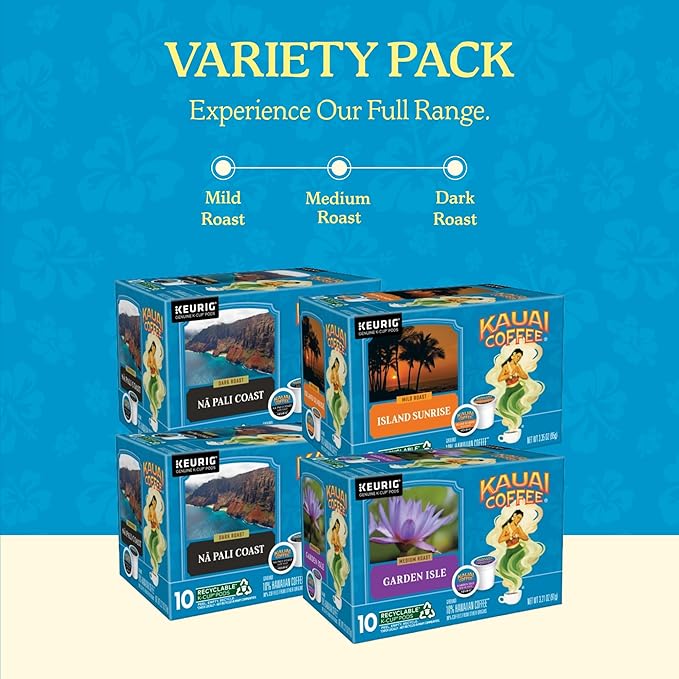 Kauai Coffee K-Cup Pods for Keurig Brewers – Arabica Coffee 10% Hawaiian – Medium Roast Rich Smooth No Bitterness – Three Flavors 4 Packs of 10 Single Serve K-Cups