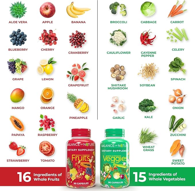 Balance of Nature Fruits &amp Veggies Supplements - Whole Fruit and Vegetable Ingredients for Women Men and Kids - 90 Fruits Capsules 90 Veggies Capsules - 1 Set