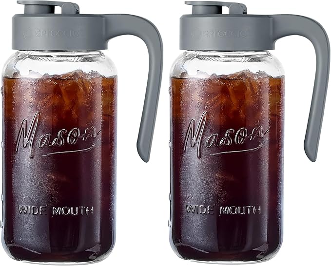 Mason Jar Pitcher - Airtight &amp Leakproof Glass Pitcher with Lid[set of 2] Perfect for Breastmilk Cold Brew and Sun Tea 2 Quart (64 oz) Mason Jar with Pour Spout Lid