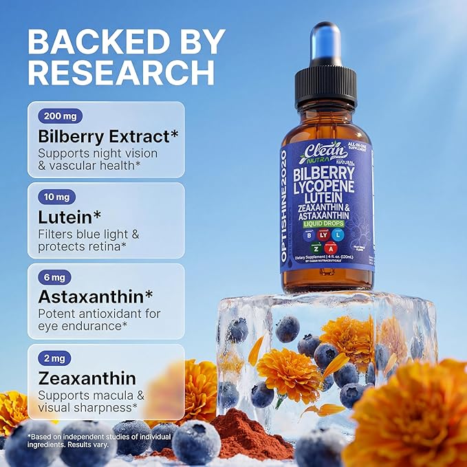 Clean Nutra Lutein and Zeaxanthin Eye Vitamins Supplement Lycopene Astaxanthin Bilberry Liquid Drops | Organic Astaxanthin Daily Lutein for Eyes Health Support Vitamin Minerals Extract | 60 Servings