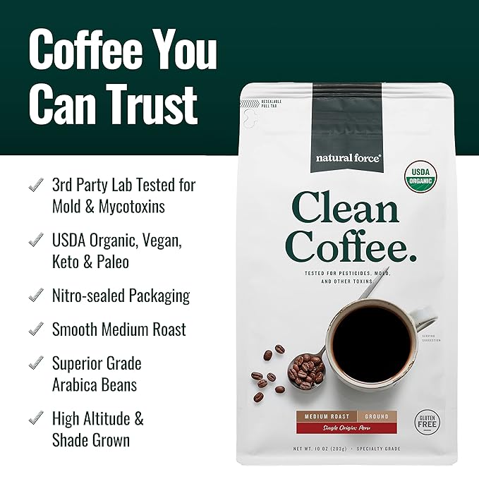 Natural Force - Organic Clean Coffee Classic Mold &amp Mycotoxin Free Lab Tested for Toxins &amp Purity Low Acidity Incredible Taste &amp Aroma Ground Medium Roast 10 oz
