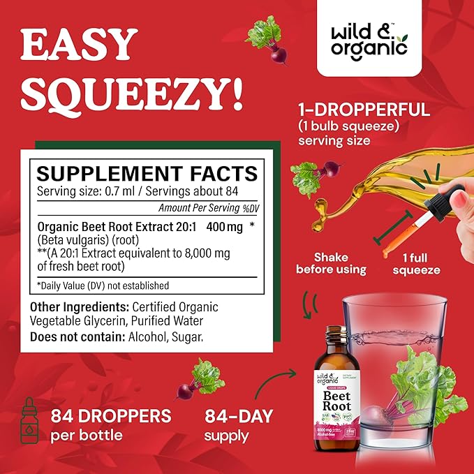 Wild &amp Organic Beet Root Tincture - 8000 mg Fresh Beetroot Extract Equivalent - Liquid Beet Root Supplements for Men &amp Women - 400 mg per Serving - Vegan Alcohol &amp Sugar-Free - 2 fl oz