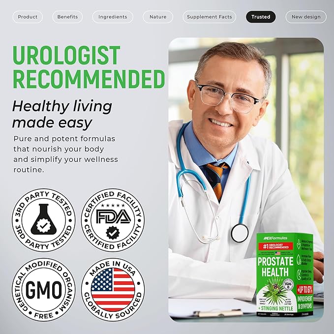 Prostate Health Supplements for Men with Stinging Nettle - Urinary Tract Health &amp DHT Blocker for Hair Growth - Pumpkin Seed Saw Palmetto Pygeum Lycopene - Mens Multivitamins with Zinc - 60 cap