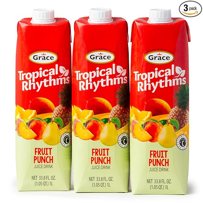 Grace Tropical Rhythms Fruit Punch Jamaican Juice 1 Liter (33.8oz)- 3 Cartons - Authentic Jamaican Drink