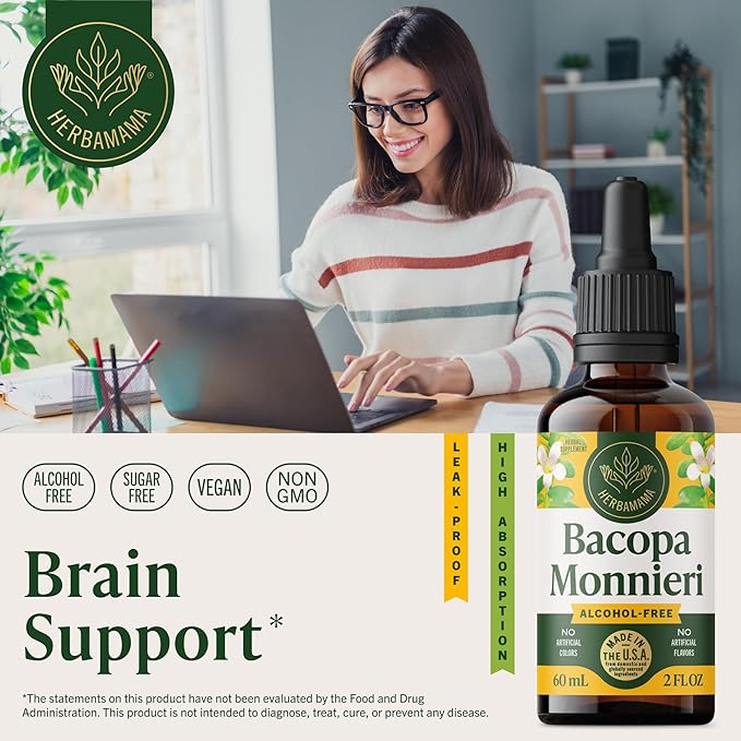 HERBAMAMA Bacopa Monnieri Supplement - Vegan Brain Focus and Clarity Support with Bacopa Extract Tincture - Non-GMO Alcohol &amp Sugar-Free Brahmi Herb Drops 84-Day Supply