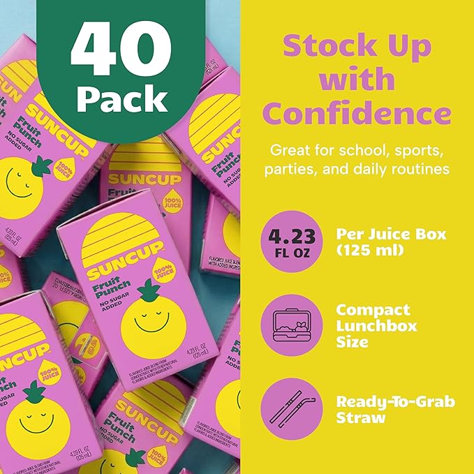 SunCup 100% Juice Boxes for Kids | No Added Sugar No Dyes No Preservatives | Trusted in Schools Across 49 States | Bulk Pack with Straw | 4.23 oz (40 Pack) Fruit Punch