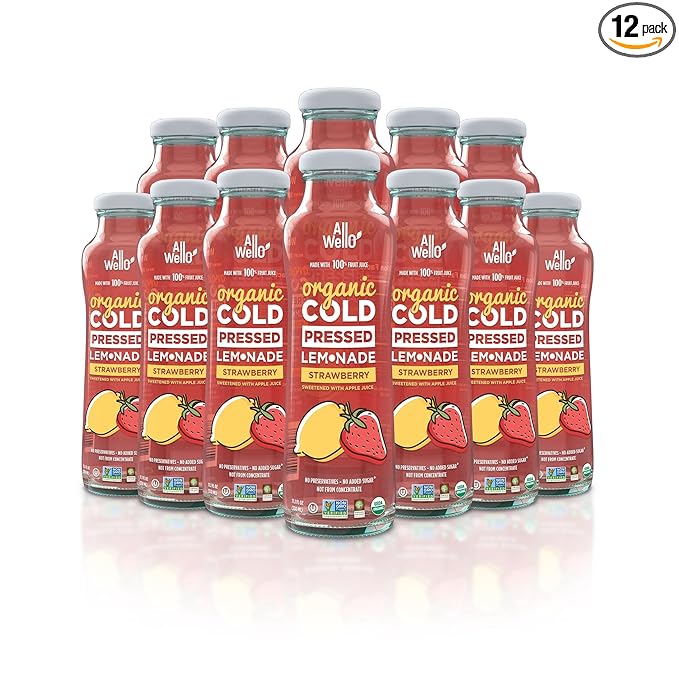 ALLWELLO Organic Cold Pressed Lemonade Gluten Free Non-GMO No Preservatives No Sugar Added (Strawberry Lemonade 12 Pack)