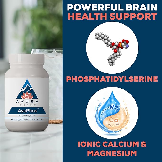 Ayush Herbs AyuPhos - Phosphatidylserine Supplement for Men &amp Women Soy-Free Phosphatidyl Serine Brain Memory &amp Cognitive Support for Adults 200mg Per Pill - 90 Vegetarian Capsules (1 Cou