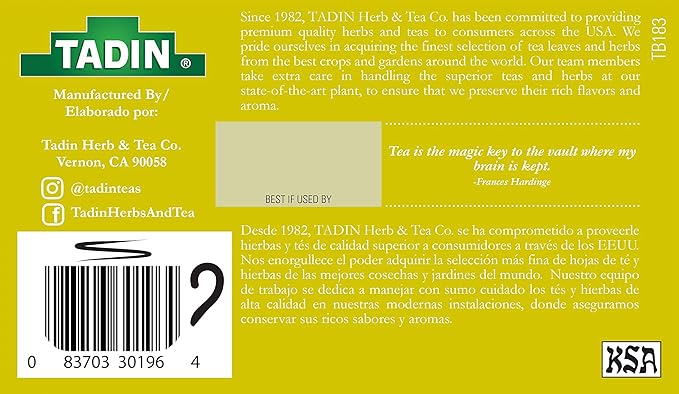 Tadin Lemon Ginger Tea Herbal Tea Caffeine Free 24 Tea Bags Per Box Pack of 6