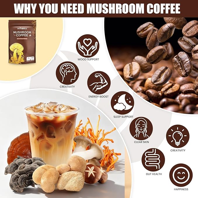 Mushroom Coffee 2000mg Organic Instant Coffee with 6 Adaptogenic Mushrooms (Lion’s Mane &amp Turkey Tail) with MCT Oil &amp Coconut for Focus Energy Digestion &amp Immune Support 30 Servings