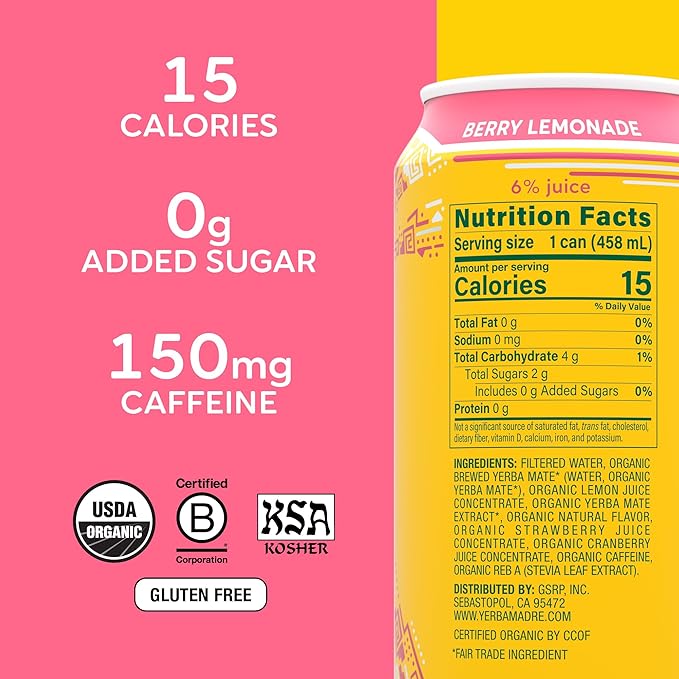 Yerba Madre Organic Yerba Mate Low Sugar Berry Lemonade 150mg Natural Caffeine Energy Drink Alternative No Jitters or Crash 15.5 Oz (Pack of 12)