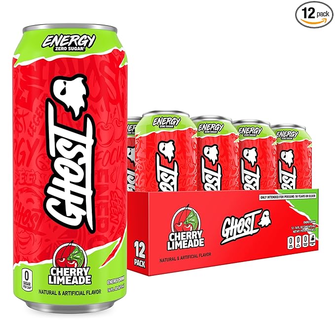 GHOST Energy Drink - 12-Pack Cherry Limeade 16oz - Energy &amp Focus &amp No Artificial Colors - 200mg of Natural Caffeine L-Carnitine &amp Taurine - Gluten-Free &amp Vegan