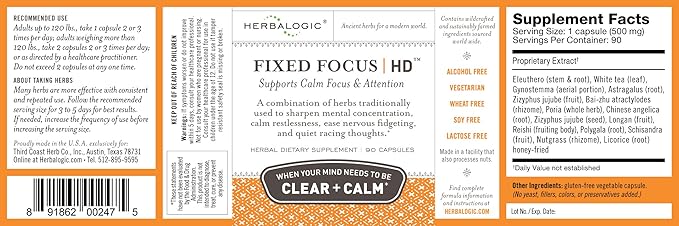 Herbalogic - Fixed Focus HD Herb Capsules - Supports Calm Attention &amp Sustained Mental Focus - Contains White Tea a Naturally Balanced Source of L-Theanine &amp Caffeine - 90 Cap Count