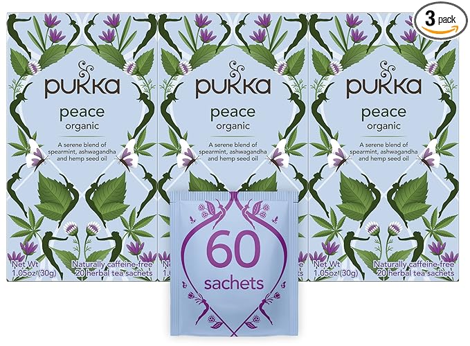 Pukka Organic Tea Bags Spearmint Ashwagandha and Hemp Seed Oil Peace Herbal Tea 20 Count (Pack of 3)