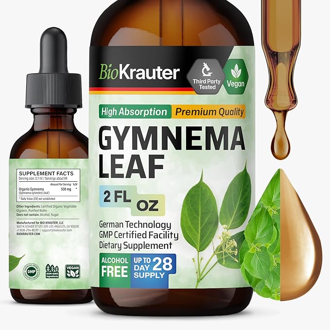 BIO KRAUTER® Gymnema Sylvestre - Liquid Drops Gymnema Sylvestre Extract 530 mg per Serving 2 Fl.Oz 28-Day Supply - Pure &amp Vegan Gurmar for Glucose Metabolism Support* - Alcohol &amp Sugar Free