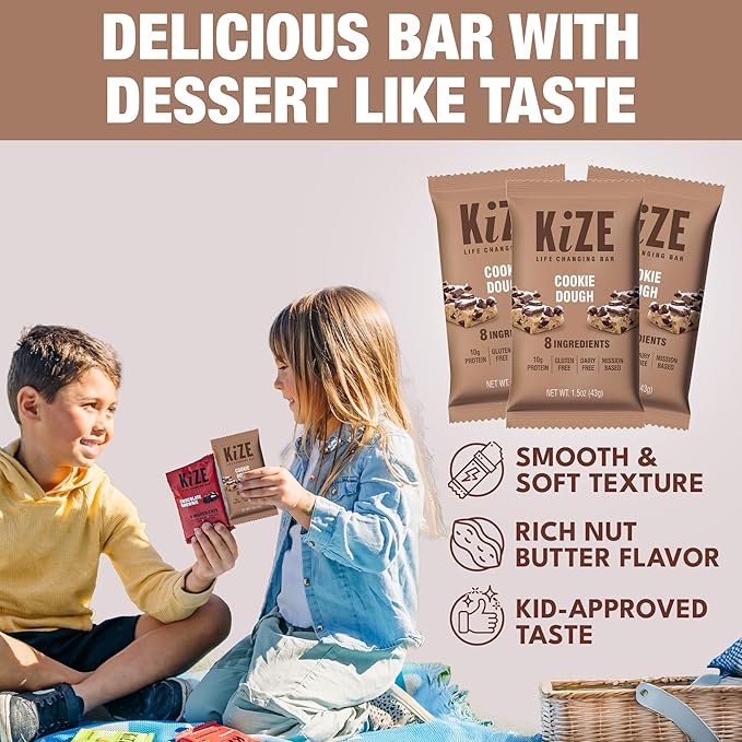 KiZE Energy Bars - Cookie Dough - 20-Count - Gluten Free Dairy Free Non-GMO and High Protein Meal Replacement Energy Bars Clean and Simple Food Ingredients - 10g High Protein Snacks (20 Count)