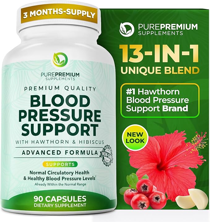 PurePremium Blood Pressure Supplements with Hawthorn Berry Hibiscus Garlic &amp Vitamin B12- Nitric Oxide Supplement for Normal Heart Health Circulation Health &amp Blood Pressure Support - 90ct
