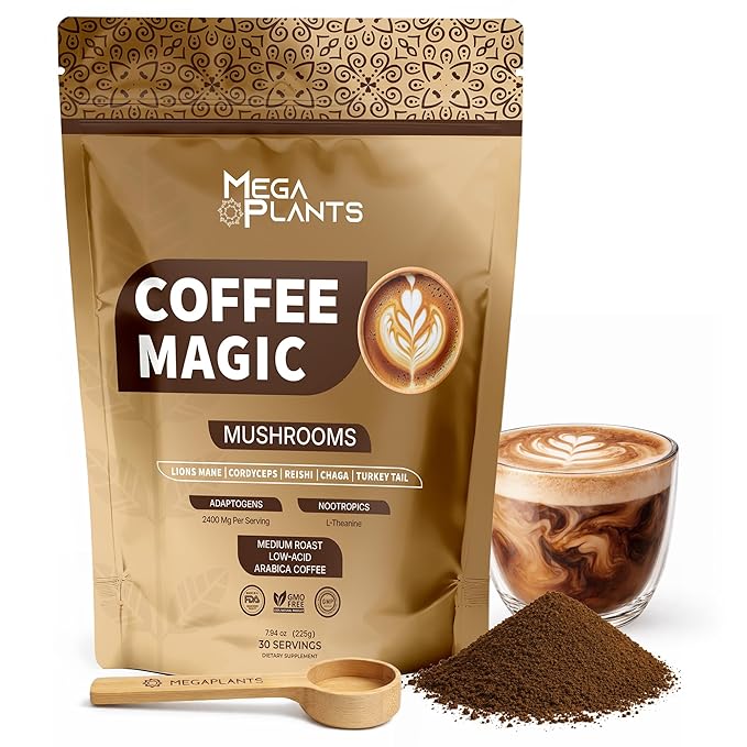 MegaPlants Mushroom Coffee Magic - Low Acid Arabica Coffee with Lion’s Mane Cordyceps Reishi Chaga &amp Turkey Tail | 2400mg Adaptogenic Mushroom Blend with L-Theanine | Smooth Energy Clarity &am