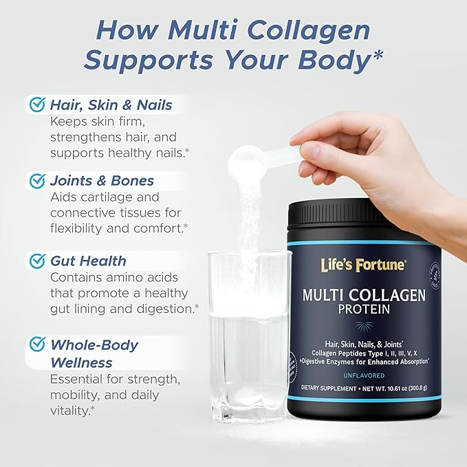 Life's Fortune Multi Collagen Peptides Powder Drink Plus for Women &amp Men - Type I II III V X Blend with Digestive Enzyme – for Skin Hair Nails Joints Health Unflavored 30 Serv (60 Servi