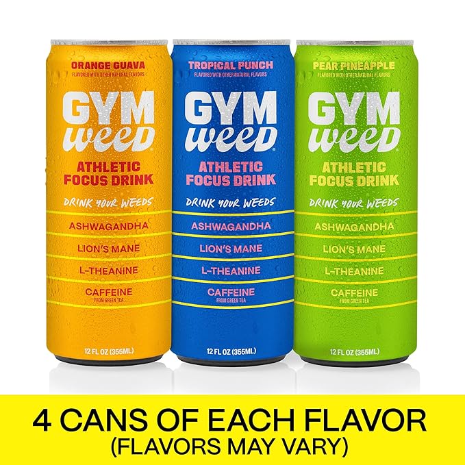 GYM WEED Athletic Focus Drink with KSM-66 Ashwagandha Lion's Mane Mushroom L-Theanine 200mg Green Tea Caffeine with Natural Sweeteners Variety Pack of flavors 12 Pack