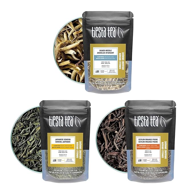 Tiesta Tea - Single Origin Tea Sampler Dry Flight Set Loose Leaf High to Low Caffeine Makes Hot &amp Iced Assorted Brew Sets with Green White Black &amp Oolong 7 Resealable Sample Pouches