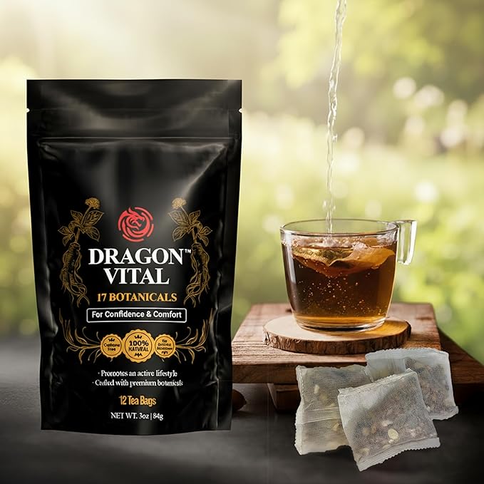 Dragon Vital Herbal Tea with Ginseng &amp Maca – Natural Energy Support | Caffeine-Free Botanical Blend for Vitality &amp Active Living | All natural - NON-GMO &amp No Preservatives |12 Tea Bags |