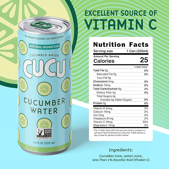 CUCU Pressed Cucumber Water – Real Juice from Fresh Cucumbers with Vitamin C Electrolytes &amp Antioxidants – No Sugar Added Non-GMO – 11 fl oz 12-Pack