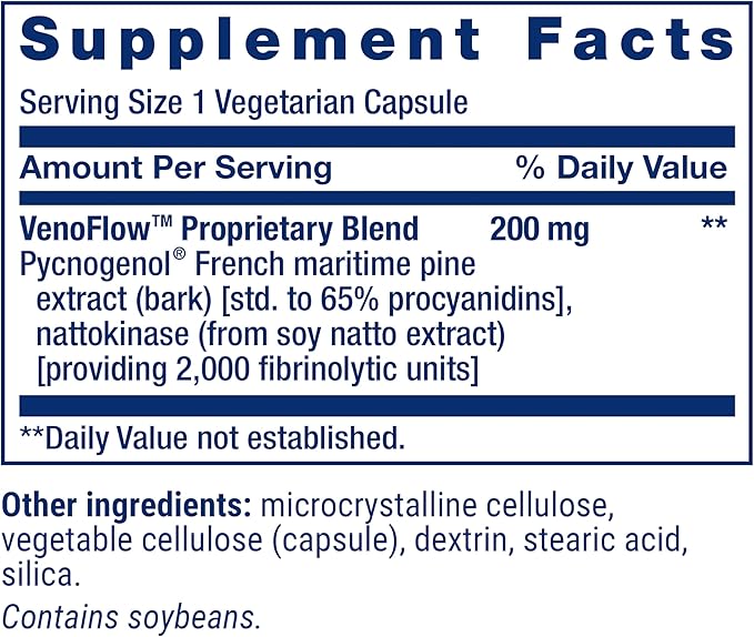 Life Extension VenoFlow™ nattokinase Enzyme French Maritime Pine bark Extract Supports Healthy Vascular Function arm and Leg Circulation Gluten Free Non-GMO Vegetarian 1-Daily 30 Capsules
