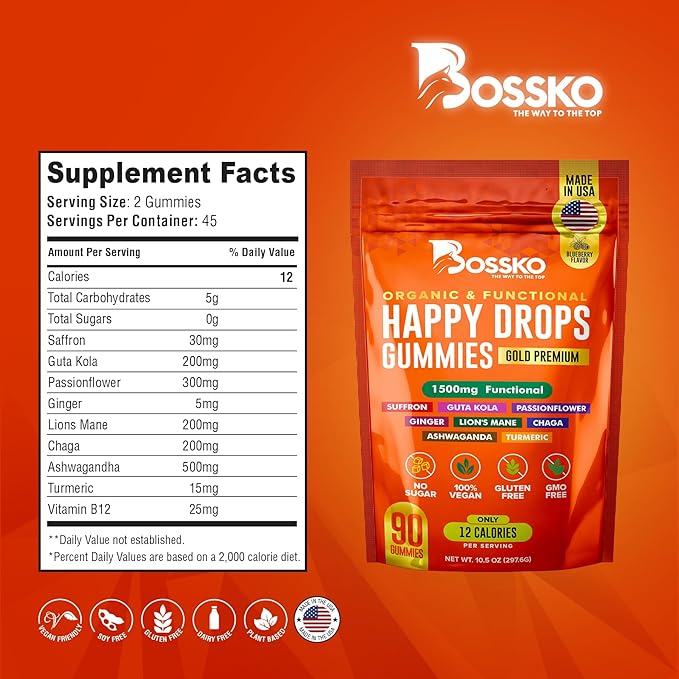 Happy Drops – Daily Superfood Gummies for Mood Support Focus and Energy – Sugar-Free Vegan Blueberry Flavor – 90 Gummies for Adults – Daily Support for Mood Focus and Natural Energy