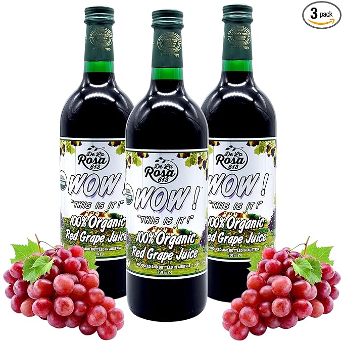 De La Rosa Organic Red Grape Juice Non-GMO Vegan and Gluten-Free Kosher Certified with No Sugar Added No Preservatives or Sulfites 25.4 Oz (Pack of 3)