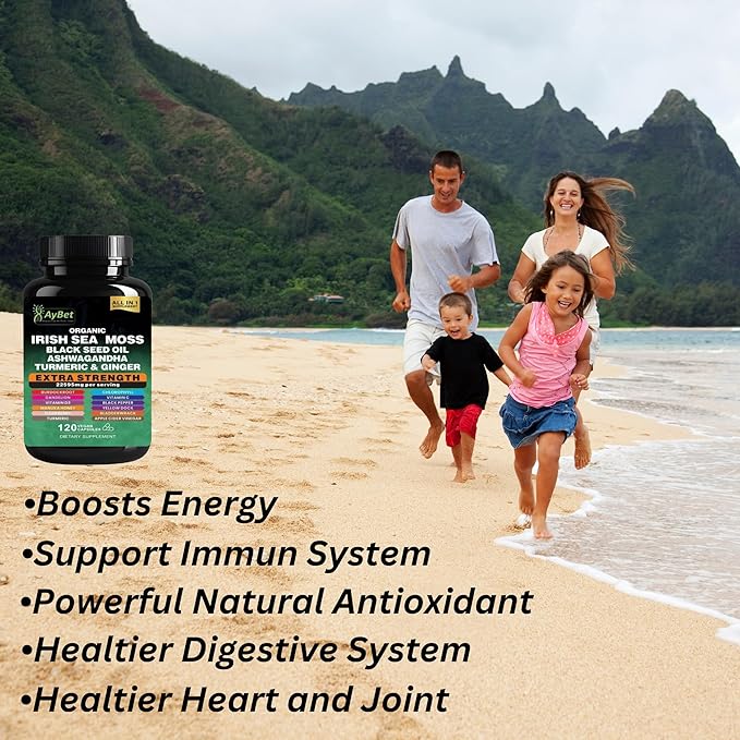 Organic Irish Sea Moss Capsules 120 Count –16 in 1 Sea Moss Supplement with Black Seed Oil Ashwagandha Turmeric &amp Ginger Bladderwrack &amp Burdock Root Vitamin D3 –Organic Vegan Halal Non-