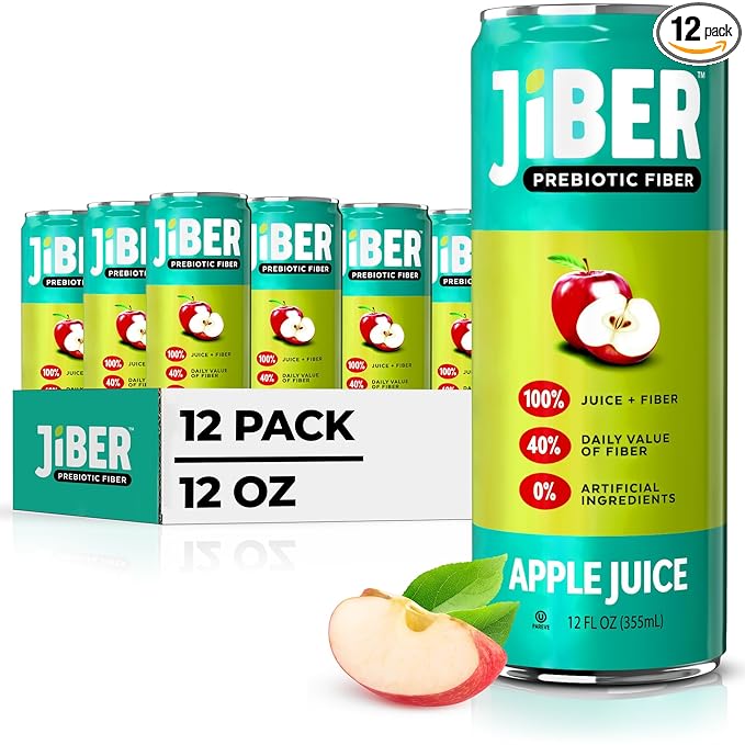 JIBER High Fiber Apple Juice Drink - No Sugar Added - 12 fl oz Apple Juice Cans with 40% Daily Fiber - Prebiotic Drink- Healthy Drinks for Kids - Juice for Teens Adults &amp Seniors (12 Pack)