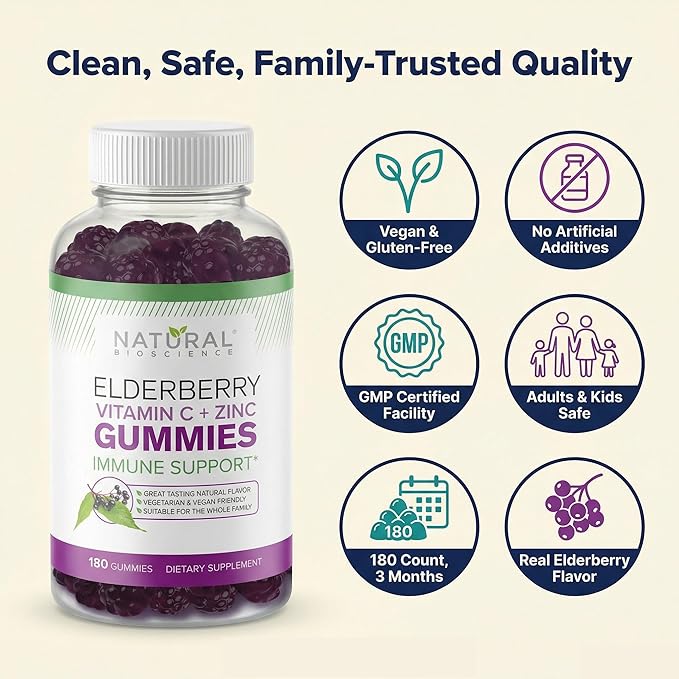 Natural BioScience Sambucus Elderberry Gummies with Vitamin C &amp Zinc Immune Support for Adults &amp Kids Daily Antioxidant &amp Wellness Boost 180 Vegan Gluten-Free Chewable Elderberry Gumm