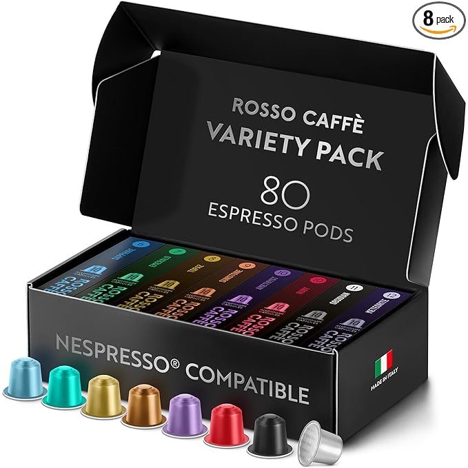 ROSSO CAFFÈ Espresso Coffee Pods for Nespresso Original Machines - 80 Capsules Variety Pack 8 Signature Flavors Medium to Dark Roast - Made in Italy