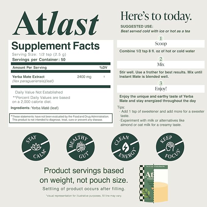 Yerba Mate Instant Tea Powder by Atlast Nutrition- Premium Unroasted Unflavored Yerba Mate Instant Tea for a Refreshing and Energizing Experience - 50 Servings