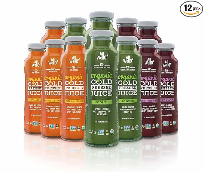 AllWellO Organic Cold Pressed Juice Drinks with Real Fruits and Vegetables Gluten Free Non-GMO Healthy Juices No Preservatives No Sugar Added (Variety Pack 12 Pack)