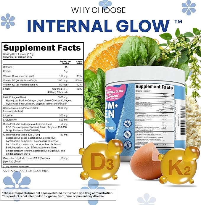 Bovine Colostrum Powder + Collagen Peptides with L-Glutamine L-Lysine Prebiotics Probiotics Digestive Enzymes Vitamin D K2 C Quercetin &amp Folate | Gut Health Supplement Internal Glow by Clean Nutra