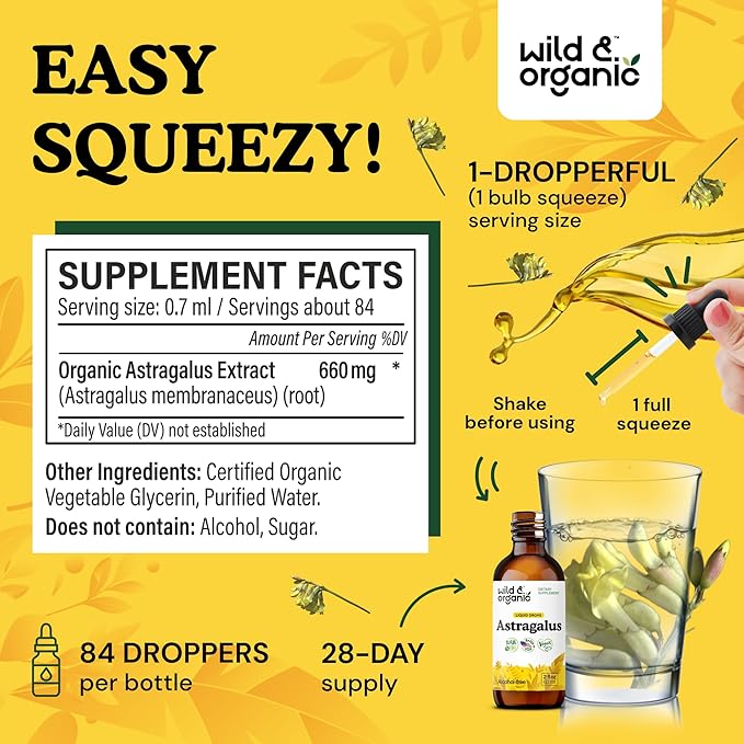 Wild &amp Organic Astragalus Extract Drops - Immune Support - Liquid Astragalus Root Supplement - Add to Tea &amp Mix with Powder - Membranaceus Herb - Vegan Sugar &amp Alcohol-Free Tincture - 2 f