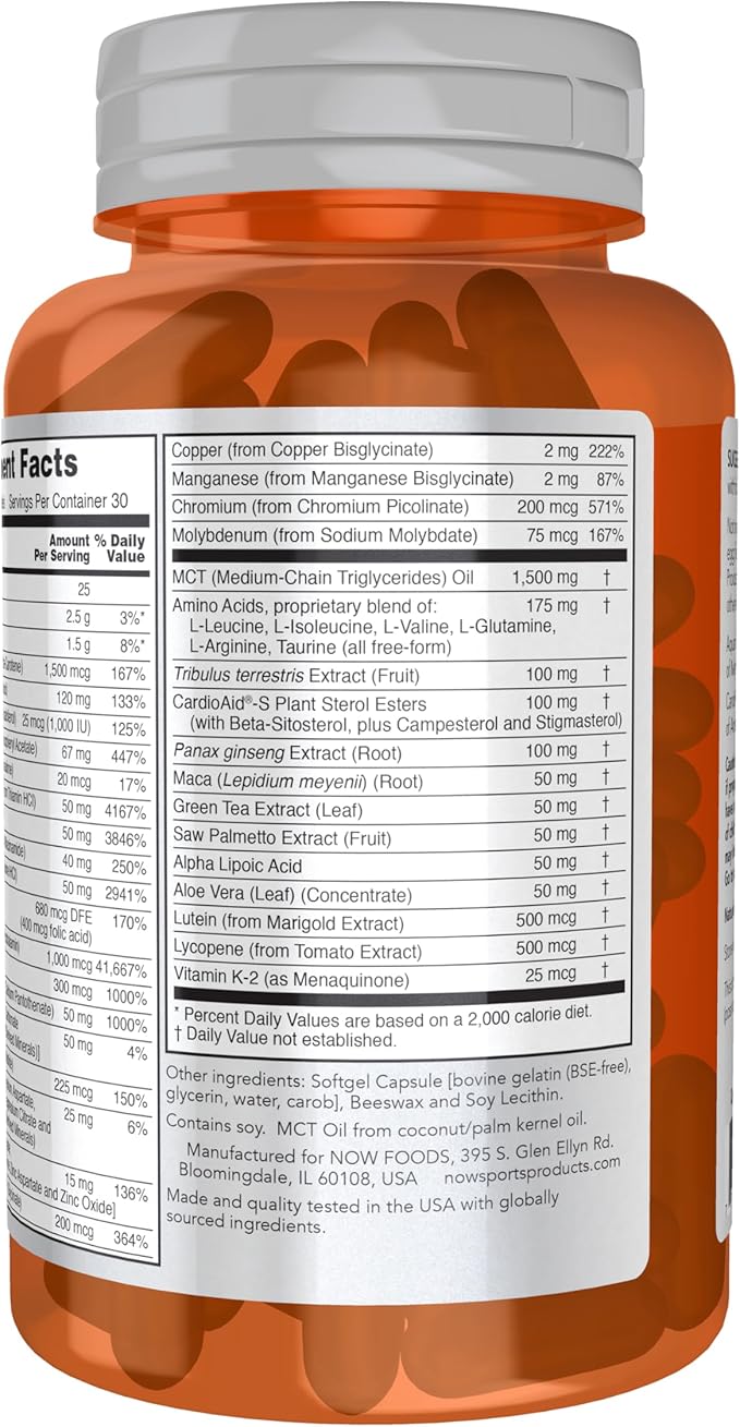NOW Foods Sports Nutrition Men's Extreme Sports Multi with Free-Form Amino Acids ZMA® Tribulus MCT Oil and Herbal Extracts 90 Softgels