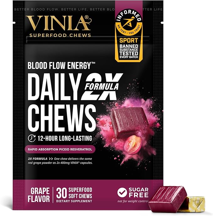 VINIA Resveratrol Heart Chews. Nitric Oxide Blood Flow &amp Circulation Support | Heart Health Energy Supplement | Non-GMO Sugar Free &amp Gluten Free Grape Flavor 30 Count