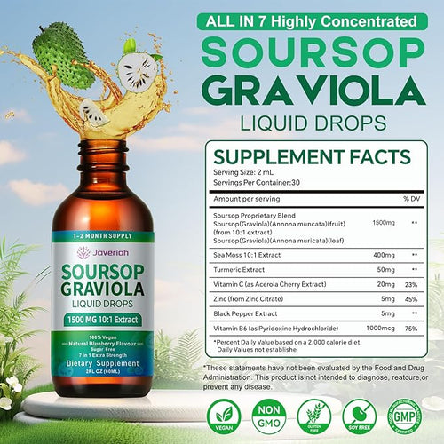2 Pack Soursop Graviola Leaf Extract Liquid Drops Supplement with Irish Sea Moss &amp Turmeric for Cellular Support Immune System Boost Liver Health Soursop Bitters Liquid 60-Day Supply 4 FL OZ