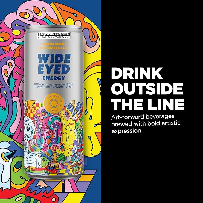 Collective Arts Wide Eyed Energy Drinks | Naturally-Flavored Caffeinated Vitaminized Sparkling Beverage With Fruit Extracts | Lemon Berry BOOST | Pack of 12 | 12 fl oz.(355ml)