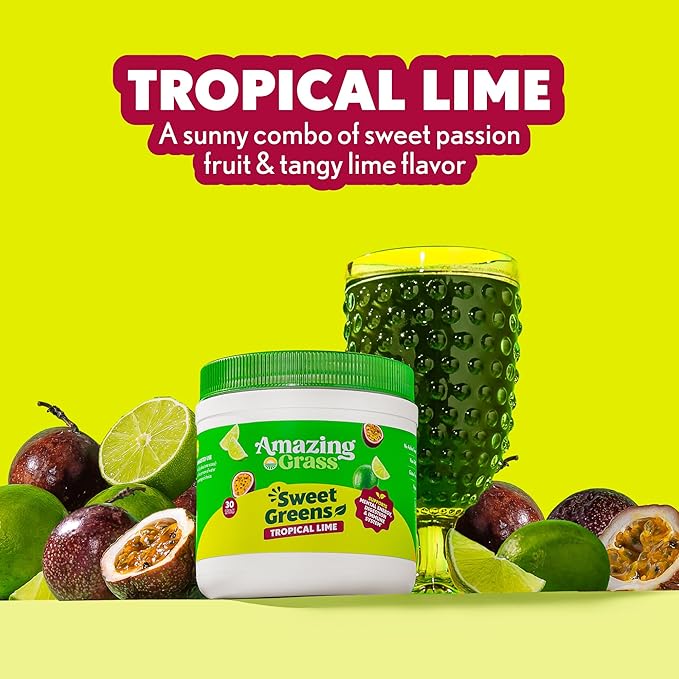 Amazing Grass Sweet Greens and Superfoods Powder for Digestive Health Greens Powder Digestive Enzymes Probiotics Spirulina Chlorella Tropical Lime 30 Servings