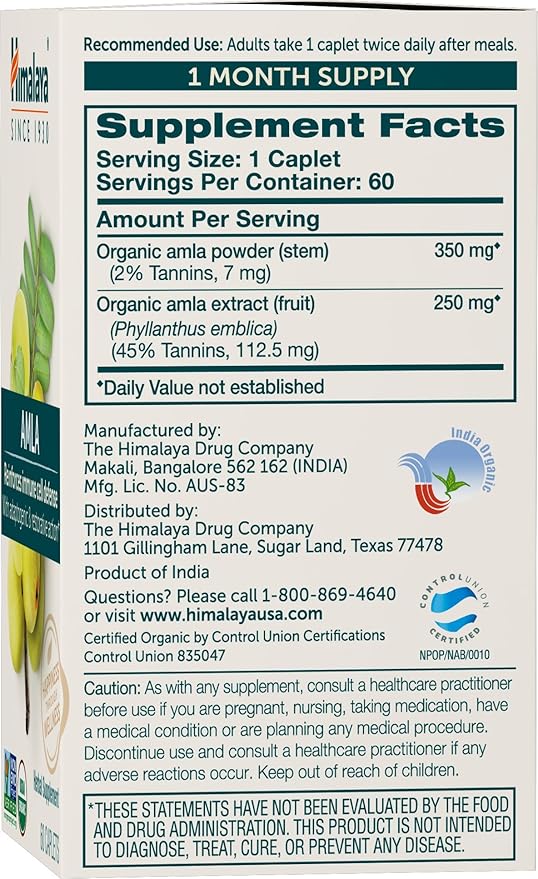 Himalaya Organic Amla - Herbal Immune Support Supplement with Adaptogen and Antioxidant - USDA Organic Vegan Non-GMO Gluten Free 600 mg 60 Caplets